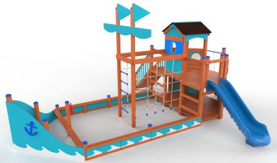 Bateau de jeux en bois FS023 avec toboggan bleu — vue de face