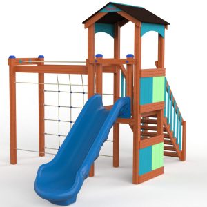 Lyra Explorer wooden playground equipment, front view showing the slide