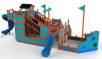 Grand bateau de jeux en bois MC065 avec toboggans bleus — vue de face
