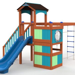 Orion Explorer wooden playground equipment, front view showing the slide