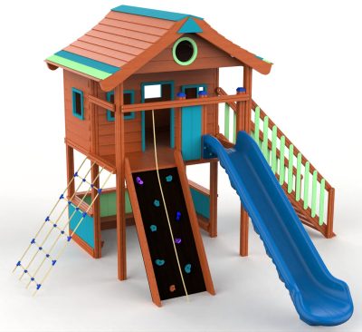 Maison de jeux en bois Shire Explorer avec toboggan bleu, vue de face