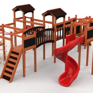 Space Ship Earth aire de jeux en bois, vue de face