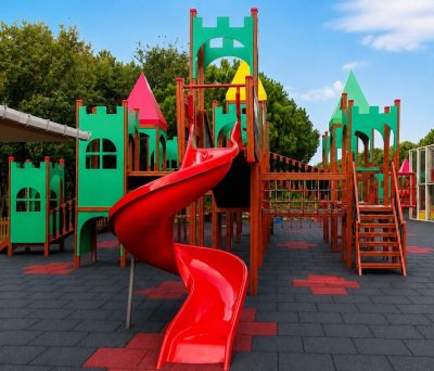 Château de jeux en bois avec toboggans rouges — Elysee