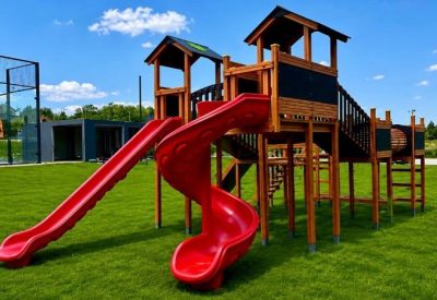 Aire de jeux en bois avec toboggans rouges — Elysee