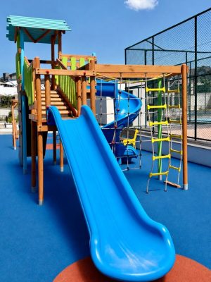 Aire de jeux en bois avec toboggans bleus — Elysee